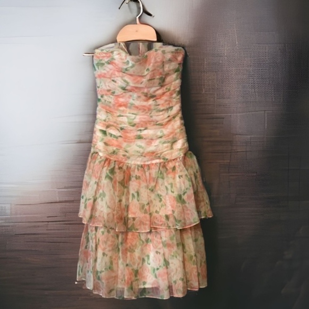 Vintage Maggy London Jeannene Booher Silk Floral Strapless Ruffle Dress 4